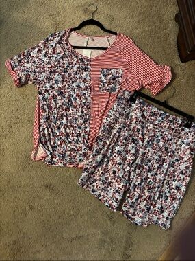 Cato Red and White Striped & Floral Two-Piece Shorts Set